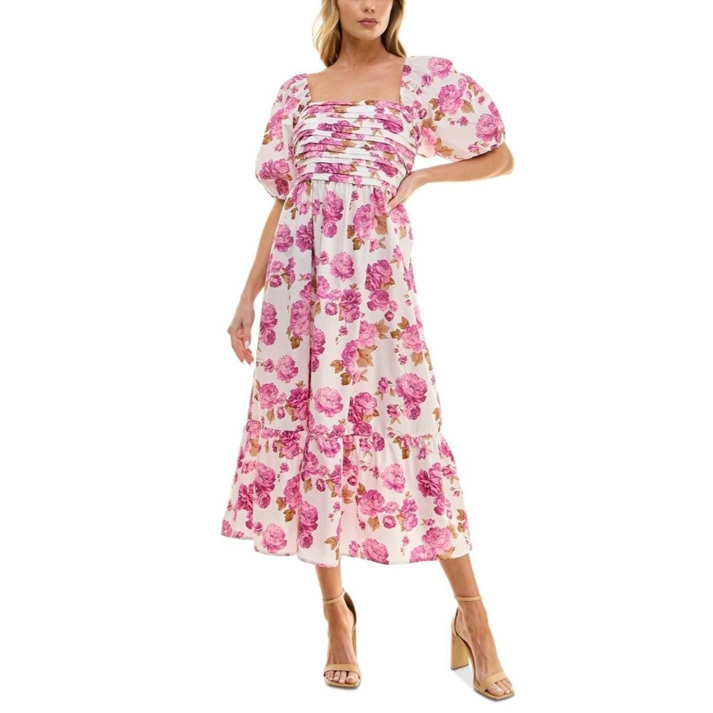 Crystal Doll Pink Juniors' Printed Pleat-Front Smocked-Back Dress Size L